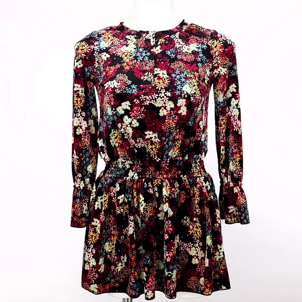 Ella Moss Floral Velvet‎ Mini Dress Women Multicolor Boho Smocked Waist  10